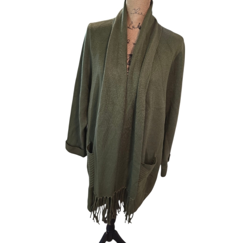Magaschoni Woman Olive Green Open Front Knit Cardigan‎ Sweater Fringe Pockets 2X